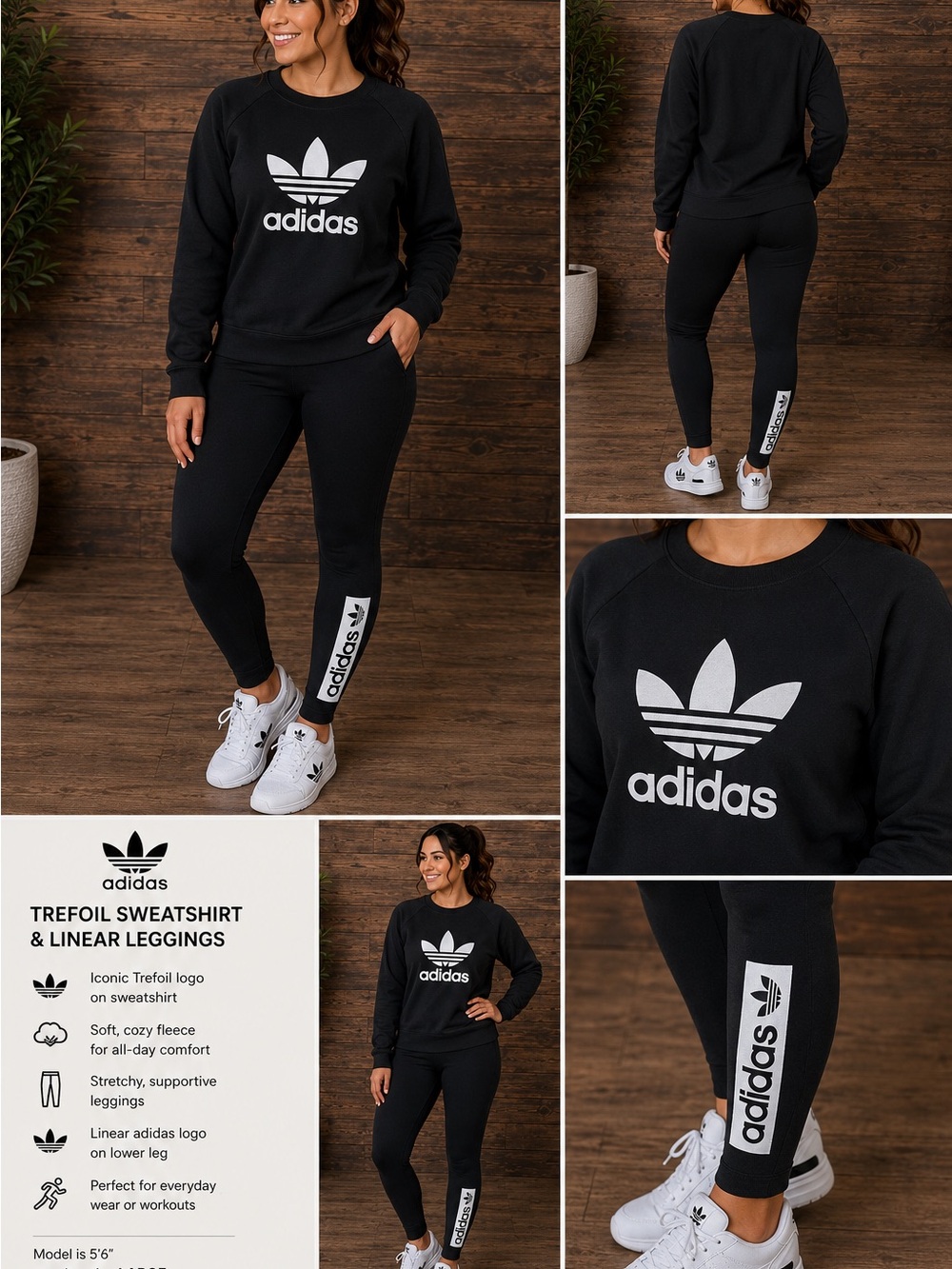 adidas Black Trefoil Sweatshirt & Linear Logo Leggings Set